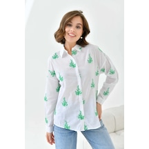 Kadın Yeşil Çiçek Nakış İşlemeli İnce Pamuk Gömlek Yeşil