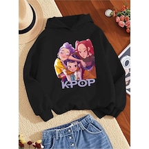 Kışlık Kapüşonlu Sweatshirt, Çocuk K-pop Baskılı SiYAH