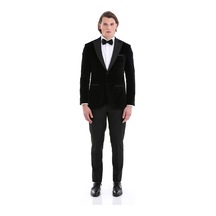 Hatemoğlu Siyah Slim Fit Düz Sivri Yaka Kadife Klasik Damatlık Siyah