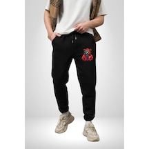 Angemiel Kırmızı Hoodie Ayı Pamuklu 3 İplik Siyah Eşofman Altı Erkek Oversize Kesim Dijital Baskılı Siyah