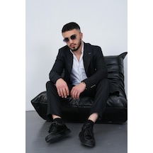 Dupont Classics Dupont Slim Fit Sivri Yaka 6 Drop Çift Yırtmaç Çizgili Viskon Kruvaze Erkek Takım Elbise Koyu Lacivert