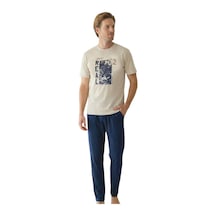 Donwear Erkek %100 Pamuk Penye Yazlık Kısa Kollu Pijama Takımı Bej
