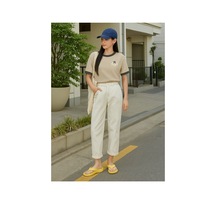 Papatya Baskılı Bej Gövde Füme Biyeli T-shirt - Oversize Bisiklet Yaka Kısa Kol Tişört Bej Füme-284032