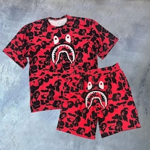 Defymoda Unisex Dijital Baskılı Şortlu Takım - Kırmızı Kırmızı