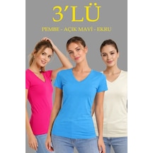 Etiler Collection 3lü V Yaka Tişört Kısa Kollu Yazlık Slim Fit Body - Pembe, Açık Mavi, Ekru Çok Renkli