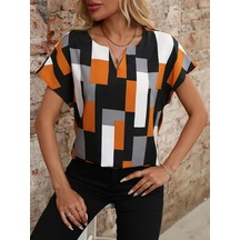Defymoda Kadın Kısa Kollu V Yakalı Yarasa Kollu Atlas Bluz Siyah