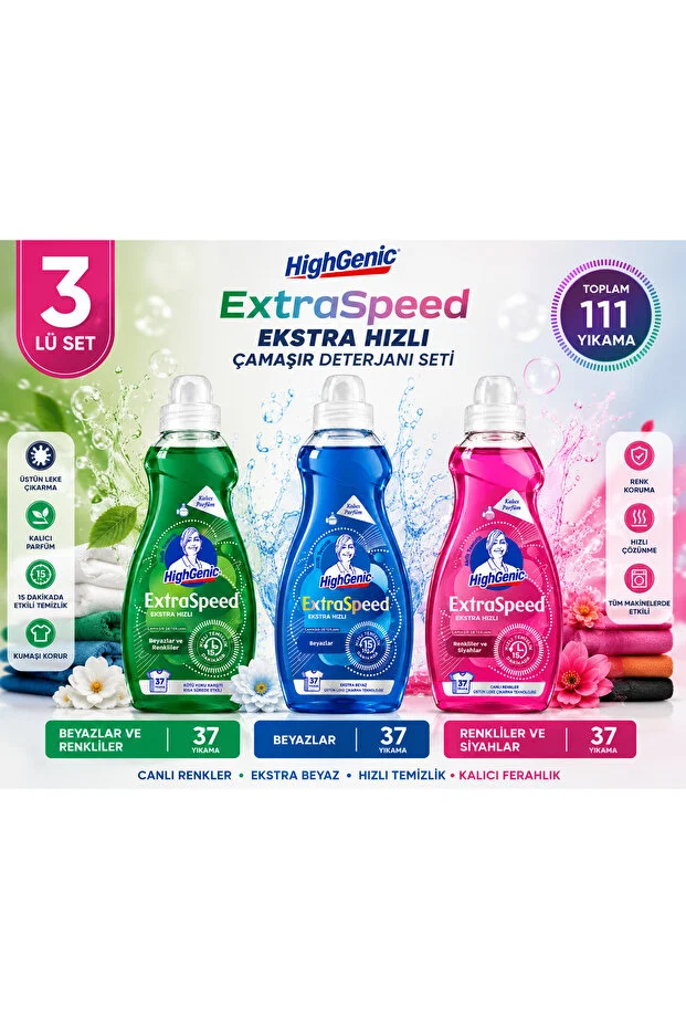 Highgenic Extraspeed 3 Lü Sıvı Çamaşır Deterjanı Seti 111 Yıkama Beyazlar + Renkliler + Siyahlar 1480 Ml X3 Set