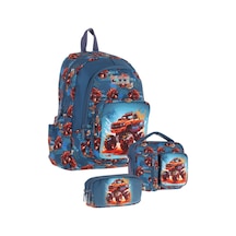 Kaukko Kids Erkek Çocuk Arazi Aracı Baskılı Üçlü Okul Çanta Seti Okul Çantası+beslenme Çantası+kalemlik Kırmızı - Yeşil