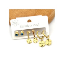 Çelik Mavi Boncuk Yonca Üçlü Küpe Seti Mavi