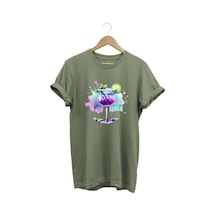 Tropik Kokteyl Temalı Renkli Yaz Baskılı %100 Pamuk Unisex Regular Fit T-shirt Haki