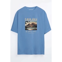 Tasmania Baskılı Bordo - Mavi Oversize T-shirt Mavi