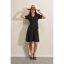 Bigdart 2370 Kuşaklı Örme Elbise - Siyah 001