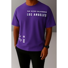 Los Angeles Baskılı Unisex Oversize Tişört Mor