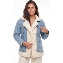 Onloox Kadın Bej-mavi Bej Mavi Pamuklu Karışımlı Kumaş Uzun Kollu Tedy Astar Detaylı Dört Cepli Denim Ceket Mont
