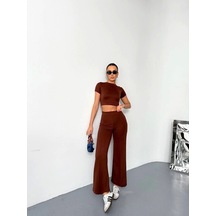 Efnaz Style Osy Modal Yumuşak Dokulu Kumaş Kısa Kollu Crop Alt Ispanyol Paça Pantalon Ikili Takım - Kahverengi
