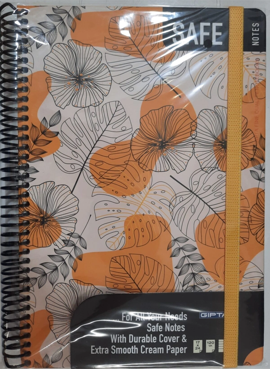 Safe 120 Yaprak Çizgili Spralli Sert Kapak Lastikli 17x24 Cm Sarı Yaprak Desenli Sarı Yaprak Desenli
