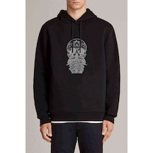 Skull Gri Baskılı Siyah Erkek Örme Kapşonlu Sweatshirt