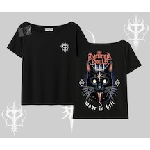Tarzsokak Gothic Cat Made İn Hell Baskılı Sweatshirt Kayık Yaka Tshirt Siyah