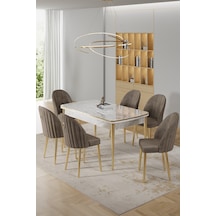 Canisa Rada Serisi 80x132 Açılabilir Lak Panel Beyaz Mermer Desen Masa 6 Cappucino Sandalye Gold Detay Masa Beyaz Mermer Desen Sandalye Cappucino