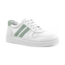 Rakerplus Hakiki Deri Beyaz Yeşil Bağcıklı Fermuarlı Çocuk Sneaker Beyaz