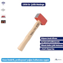 Profesyonel 1500 Gr Dövme Çelik Madırga Çekiç Ahşap Saplı 1,5 Kg