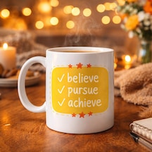 Believe Pursue Achieve Yazılı Porselen Kupa Model 124 Motive Edici Tasarım, İlham Veren Kahve & Çay Kupası, Özel Hediye Çok Renkli