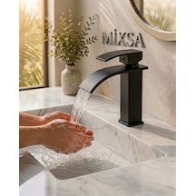 Mat Siyah Lavabo Bataryası - Şelale Akışlı Modern Banyo Musluğu Sabit Lavabo Çift Su Girişli