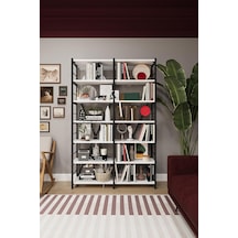 Asra Trend Beyaz Metalk02 6 Raflı İkili Metal Kitaplık 110 Cm Genişlik Endüstriyel Modern Kütüphane%100 Mdflam Raf Ünitesi Çok Renkli