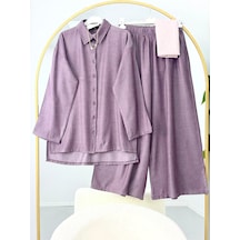 Lovie Moda Kadın Yanı Yırtmaçlı Trend Gömlekli Pantolonlu Takım Mürdüm Mor