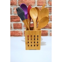 Bambu Standlı - Bambu Saplı Silikon Kaşık Spatula Fırça- Ahşap Kaşık Seti-9 Parça