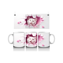 Pembe Kalplerle Süslenmiş Tatlı Kedi Baskılı Kahve Kupası Çok Renkli