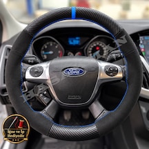 Ford Connect Dikme Direksiyon Kılıfı Alcantara Süet Mat Karbon Mavi Yüzük Ve Dikiş 2014-2022 Siyah