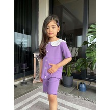 Kız Çocuk Kaşkorse Fittili Önden Düğmeli Yaka Dantel Kapri Taytlı Takım Lila Kız Çocuk Kaşkorse Fittili Önden Düğmeli Yaka Dantel Kapri Taytlı Takım Lila