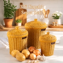 Porsima Pbt-439-2 3lü Hasır Sepet Kapaklı Bambu Sepet Seti Dekoratif Banyo Mutfak Düzenleyici Organizeri Açık Kahverengi