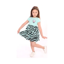 Toontoy Kız Çocuk Baskılı Relax Fit Bisiklet Yaka Kısa Kollu Elbise - Renk Bloklu Mint Yeşili