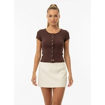Park Karon Kadın Bisiklet Yaka Çıt Çıt Kapama Slim Fit Viscon Bluz 26038 Kahve