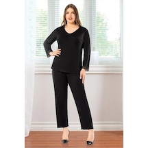 Faal 8808 Kadın Büyük Beden Uzun Kollu Pijama Takım-siyah Siyah