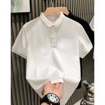 Erkek Polo Yaka Pike Kumaş Yazlık Tişört Düğmeli Düz Kısa Kol T-shirt - Beyaz