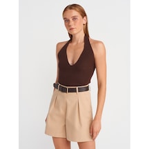 Dilvin 10799 Halter V Yaka Dokulu Triko Bluz-kahve Kahve