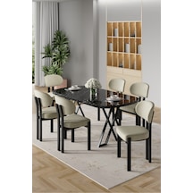 Canisa Radon Serisi Mdf 90x168 Sabit Siyah Mermer Desen Mutfak Masa Takımı 6 Krem Sandalye Siyah Mermer Desen Masa Krem Sandalye