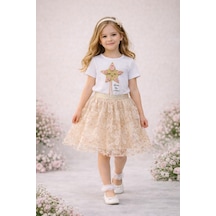 Dıgıl Kids Kız Çocuk Yıldız Ve Çiçek Desenli T-shirt Etek Takım Beyaz - Ekru
