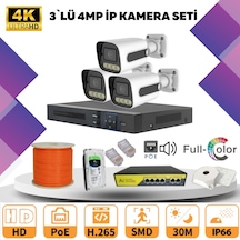 3'lü Güvenlik Ip Kamera Seti - 4mp Dış Mekan Kamera, 3.6mm Lens, H.265, Poe, Warm Led Gece Görüşlü