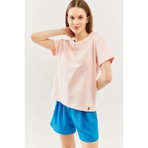 Kadın Oversize Rahat %100 Pamuklu Penye Bisiklet Yaka Kısa Kol Basic T-shirt Pudra