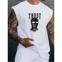 Trust Baskılı Oversize Unisex Kolsuz Tişört BEYAZ