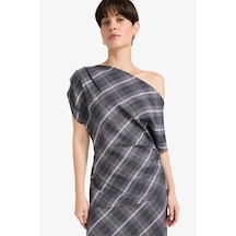 Defacto Regular Fit Kayık Yaka Kareli Flanel Kısa Kollu Bluz G0862ax25augr312 Gri