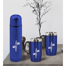 Bk Gift Kişiye Özel Deri Çantalı Mavi Seyahat Termosu Ve İkili Termos Mug Hediye Seti -6