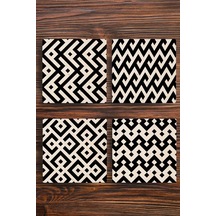 Doğaltaş Bardak Altlığı 4'lü Set - Siyah Desenler Uv Baskılı Doğal Taş Bardak Altı 10x10x1cm Çok Renkli