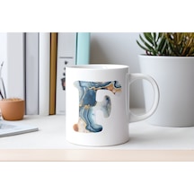F Harfi Mermer Desenli Kupa Bardak - Modern Mavi Tasarım - Kahve Çay Kupası Hediye Beyaz