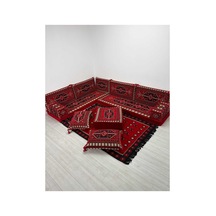 Sedir Deseni Şark Köşesi Takımı Yer Minderi Seti Sünger Dahil 13 Parça Çökmeyen Sünger Kırmızı