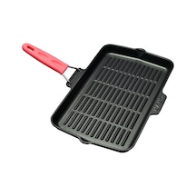 Lava Döküm Dikdörtgen Sığ Izgara Tavası Silikon Tel Saplı Ölçü 21x36cm. - Kırmızı